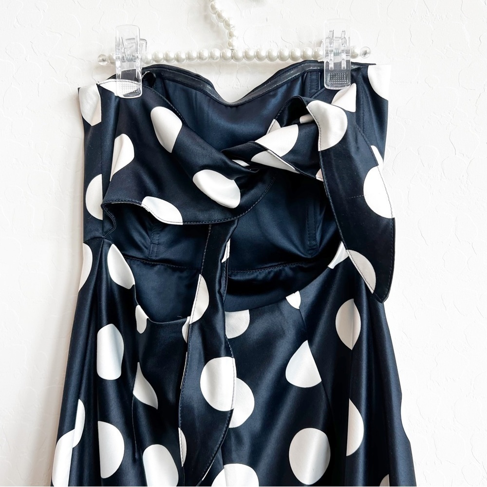 Bardot Women's Satin Polka Dot Strapless Dress Sweetheart Navy Tie Back 4/XS - Picture 5 of 6